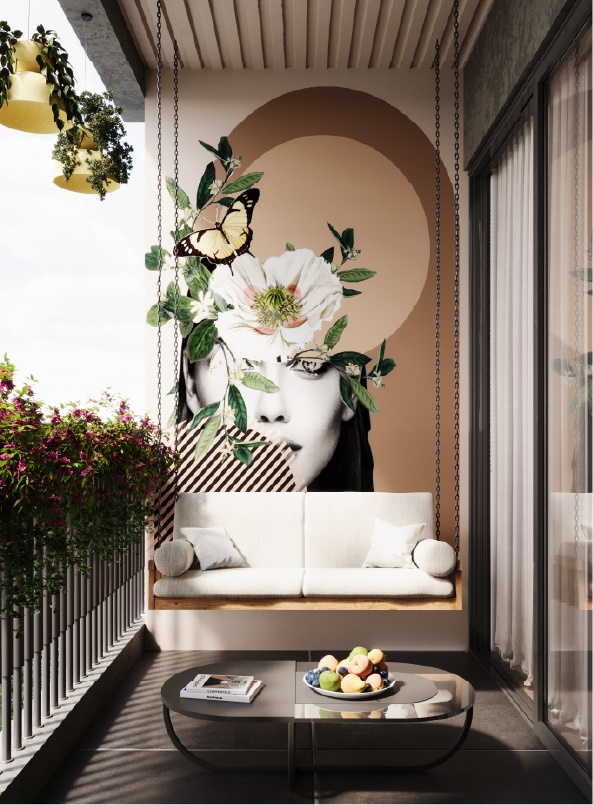 Beautiful balcony interior with artistic wall and seating