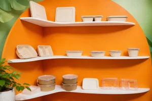 Eco-friendly food containers displayed on white floating shelves with orange background