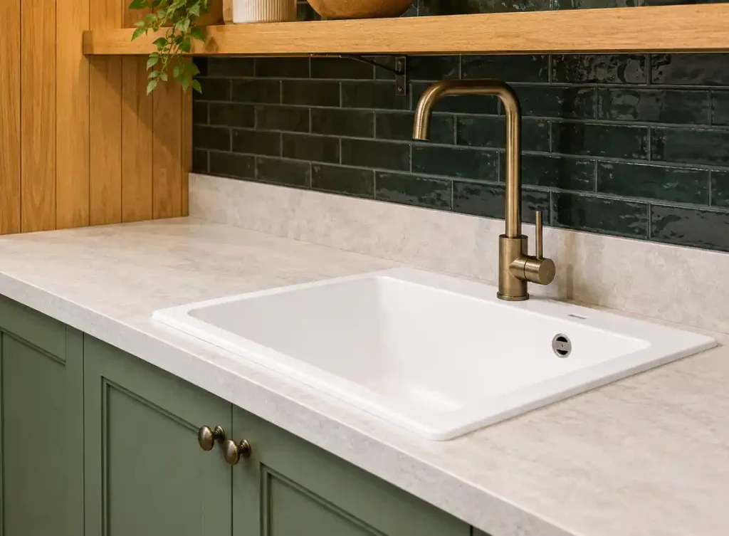 Modern kitchen sink with brass faucet, dark subway tile backsplash, and light stone countertop