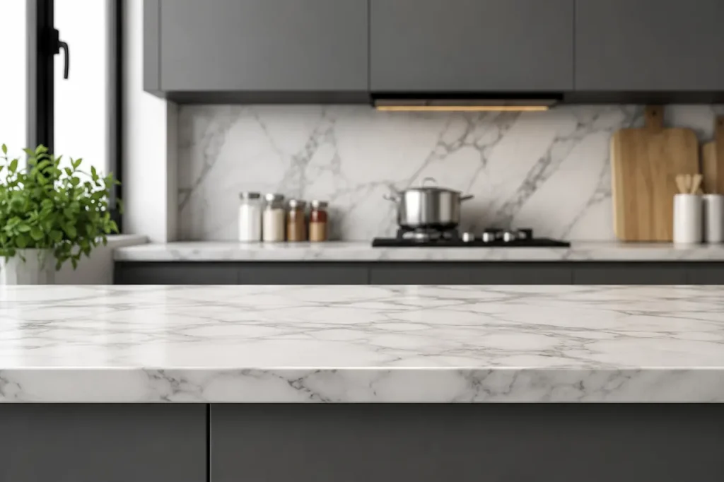 Minimalist kitchen with marble countertop, grey cabinets, natural light, and modern interior design