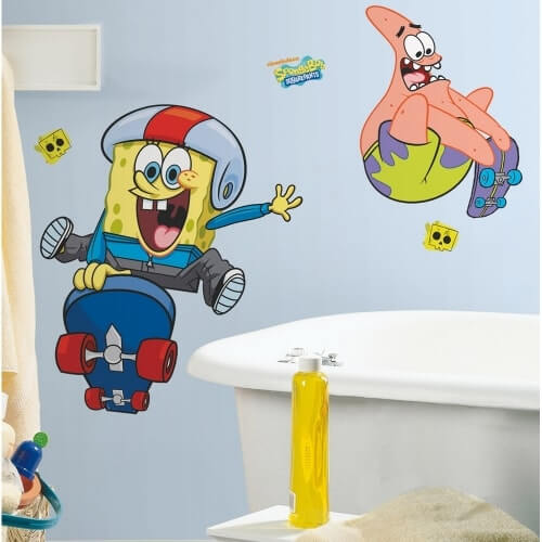 Spongebob-Squarepants-And-Patrick-Star-Skateboarding-Themed-Wall-for-Funny-Minimalist-Bathroom-for-Kids