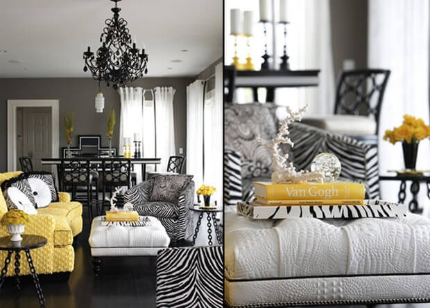 gray-black-white-and-yellow-chic-modern-living-room-with-zebra-print-armchairs-yellow-sofa-crocodile-skin-ottoman-coffee-table