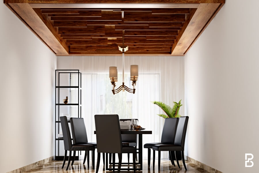 High Ceiling Wood Slab Design For Dining Room