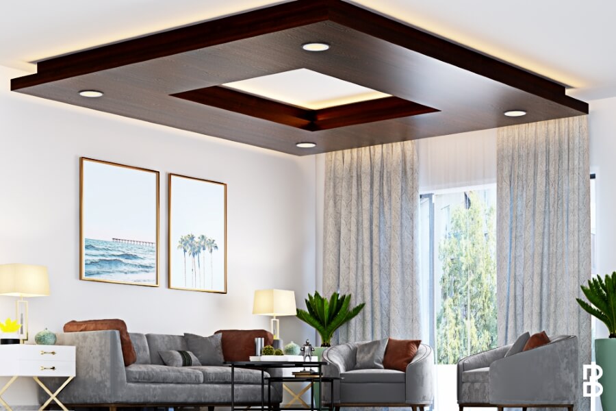 Dark Wooden Ceiling Design For Living Room