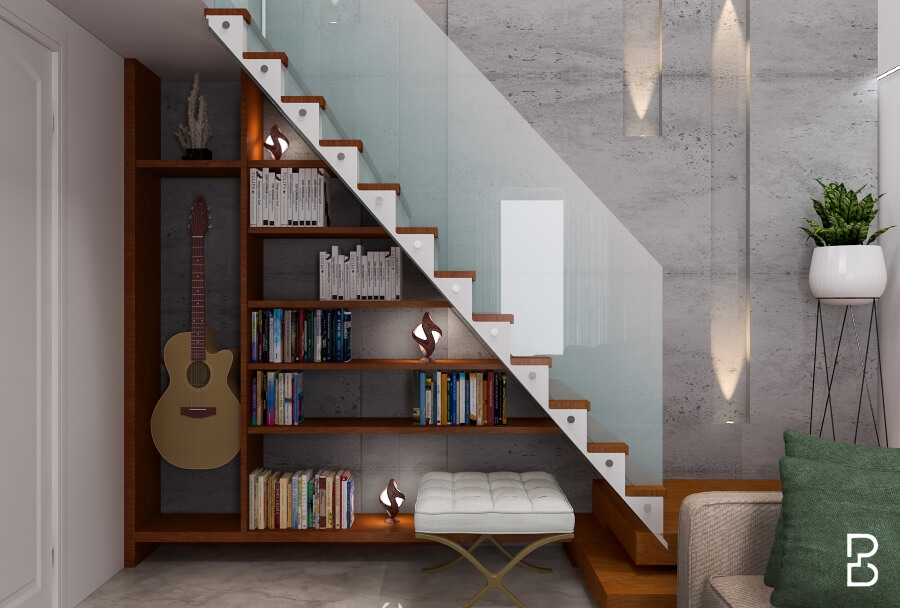 MODERN LIVING ROOM with stair care and book shelf