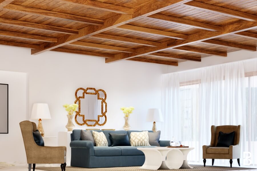 Wooden Beam High Ceiling Design For Living Room