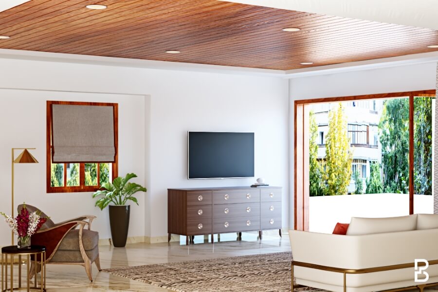 Wooden Panel Ceiling Design For Living Room
