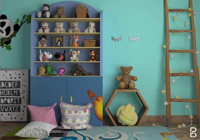 Shelf in kids room interior designs