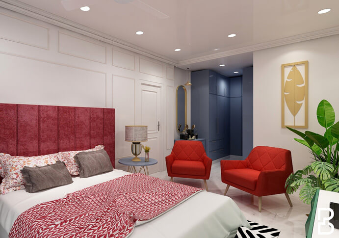 Minimalist Interior Design - bedroom with red sofa
