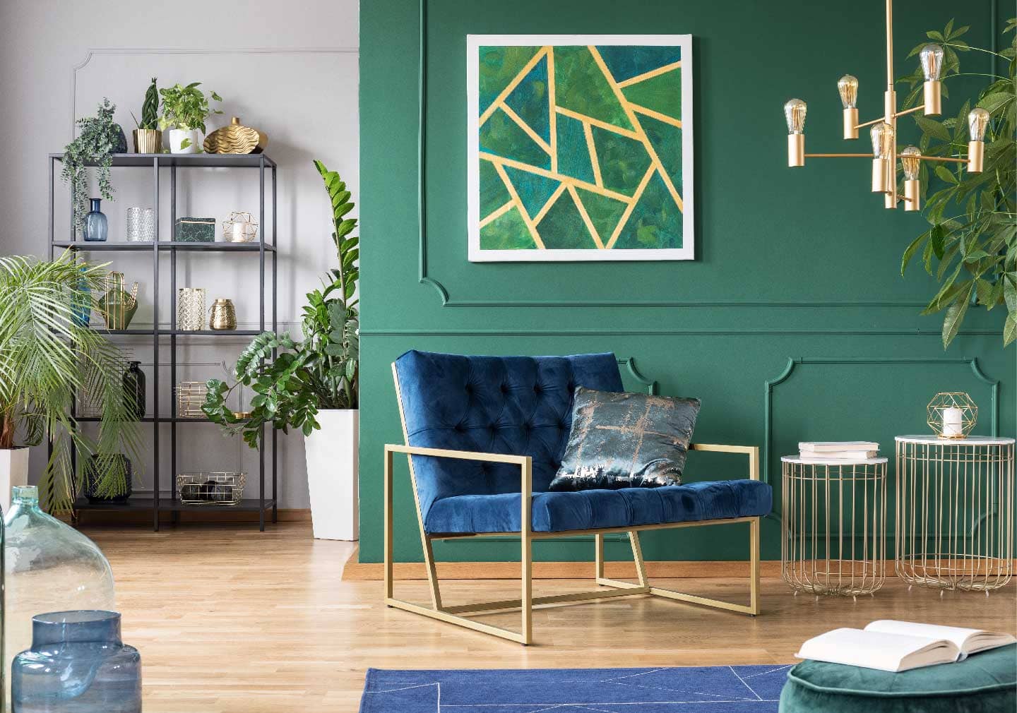 Celebrity home interiors Designs for living room with blue sofa