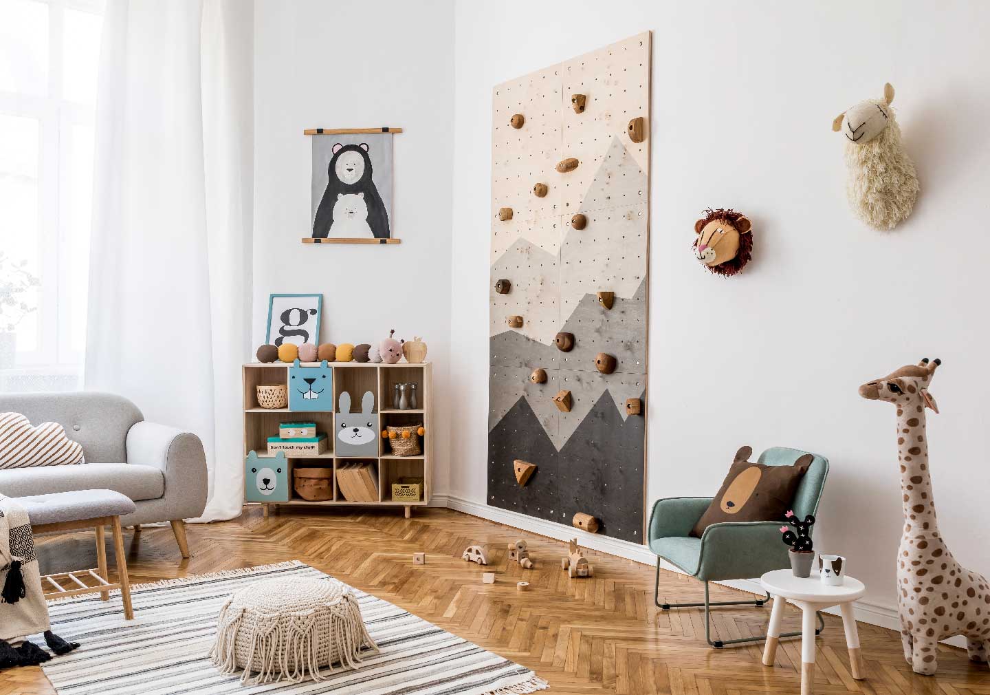 kids bedroom with rock climbing wall