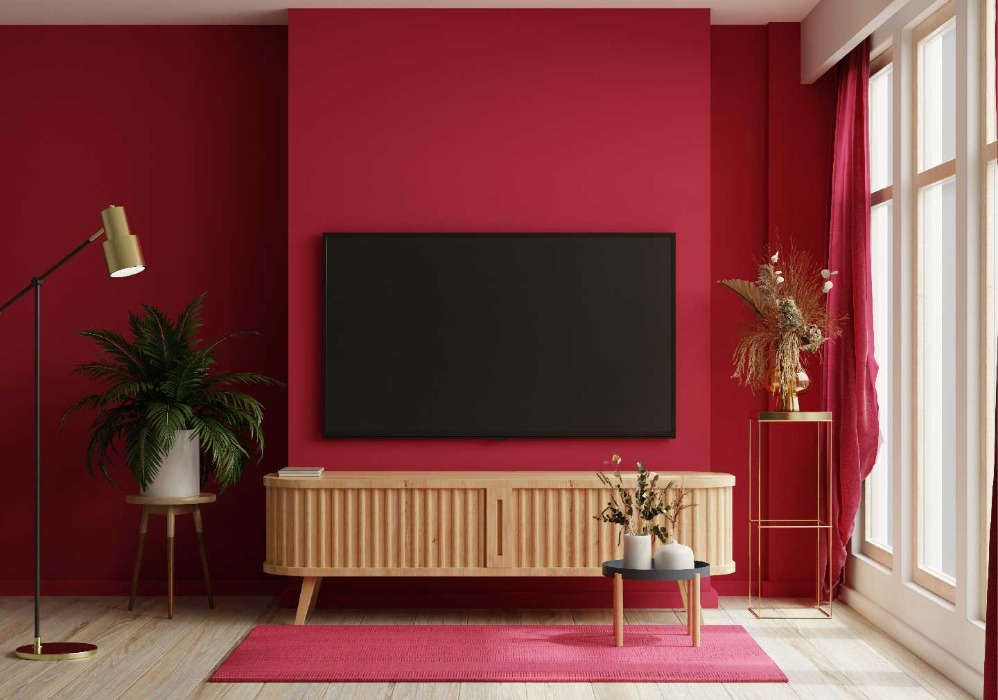 living room interiors for Valentine’s day with red base wall