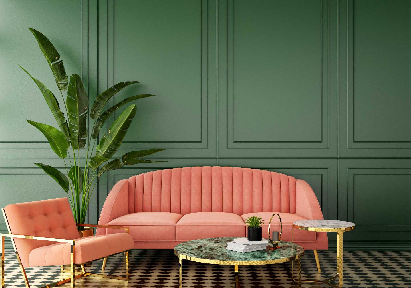 living room interiors for Valentine’s day with sofa and green base wall