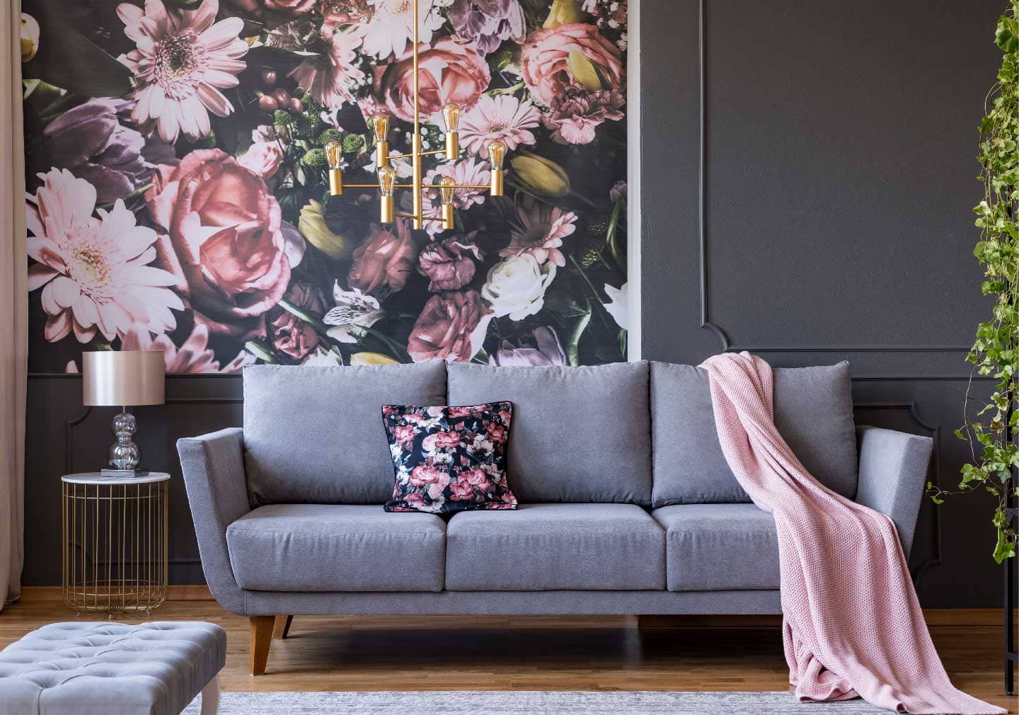 living room interiors for Valentine’s day with cozy sofa