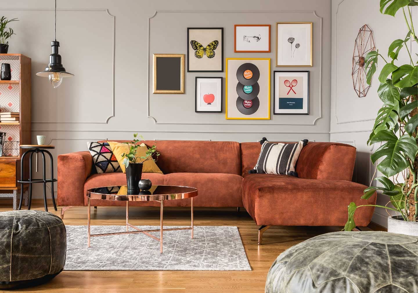 living room interiors for Valentine’s day with brown l shape sofa