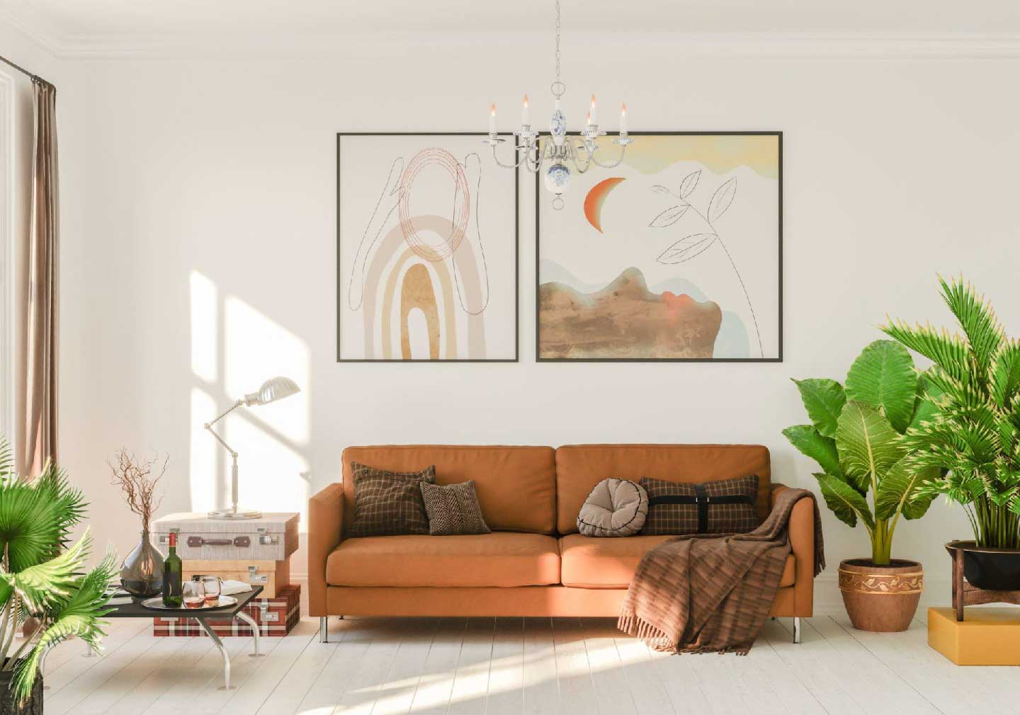 brown sofa with white base wall with 2 paintings 