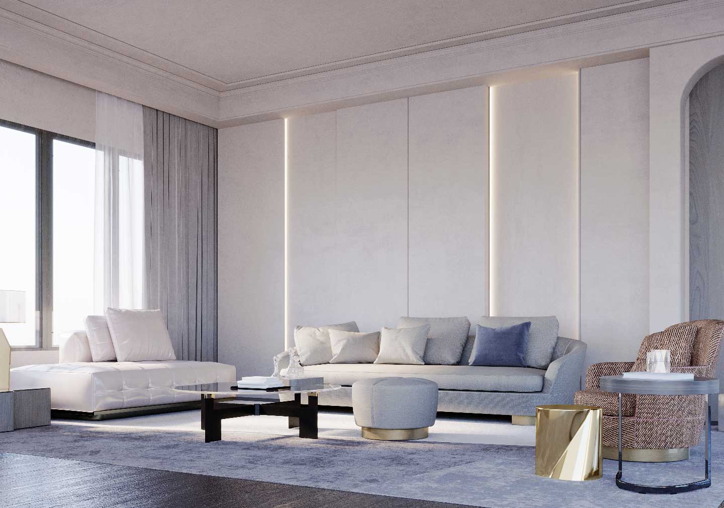 living room furniture - white sofa and round tea table