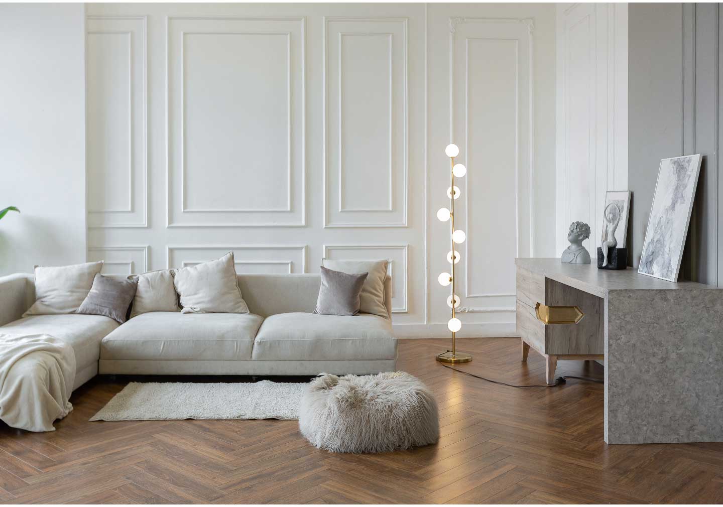living room furniture - white sofa and lamp