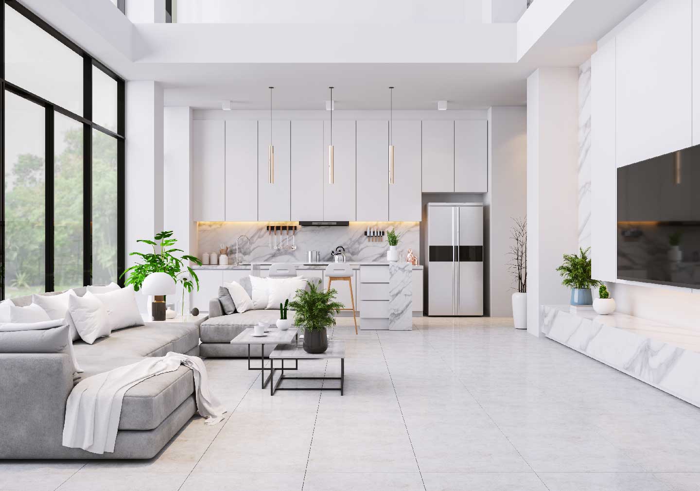 living room floor design with white theme