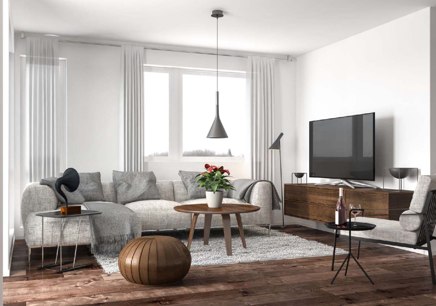 best minimalist interior design ideas - living room with cozy sofa and wooden flooring