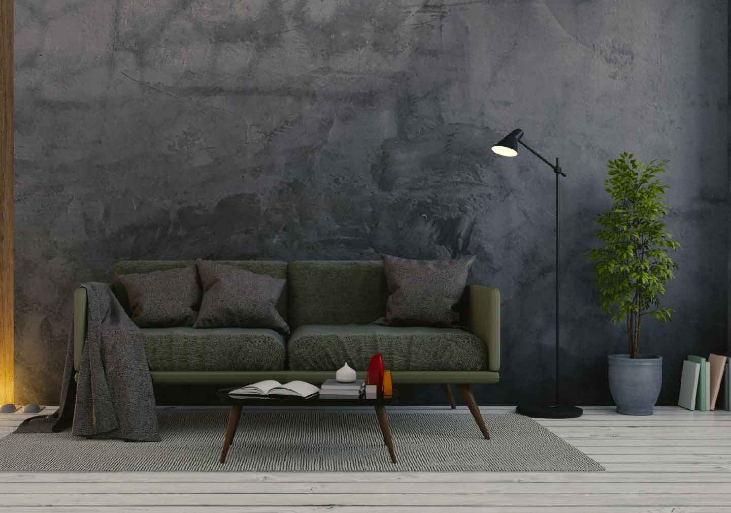 living room interior design with dark color sofa and dark wallpaper at the base wall 