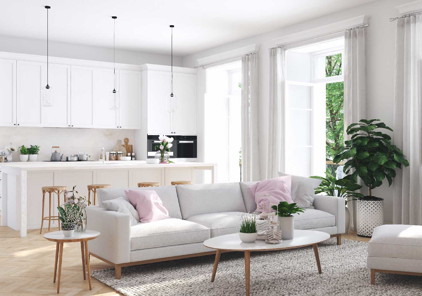2BHK home interior design idea for white theme living room
