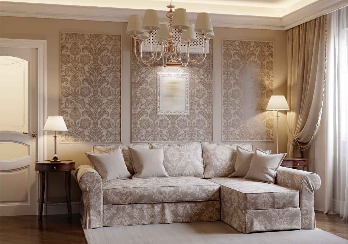 living room interior design with sofa and similar wallpaper at the base wall 