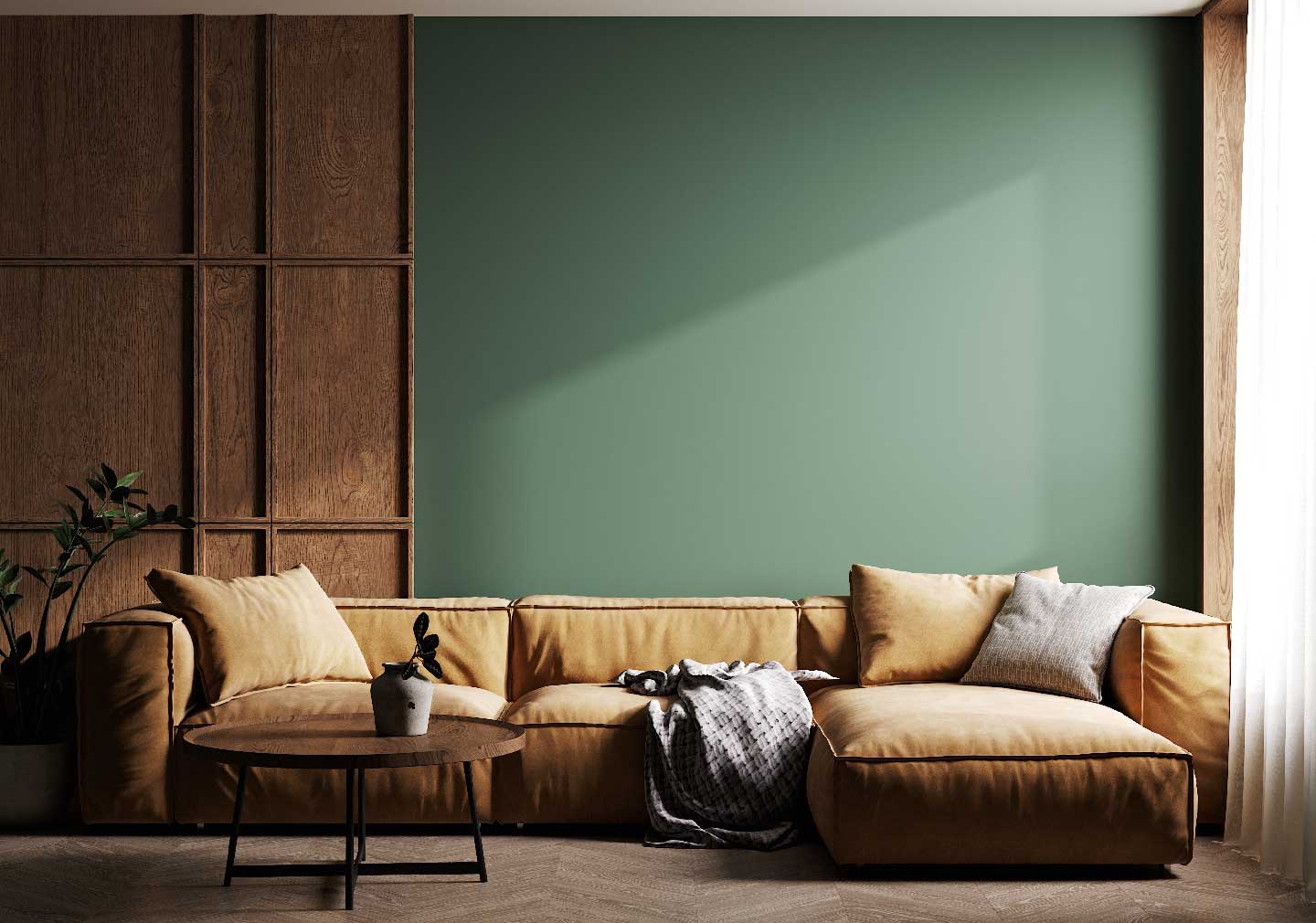 sofa with green base wall interior design for living room