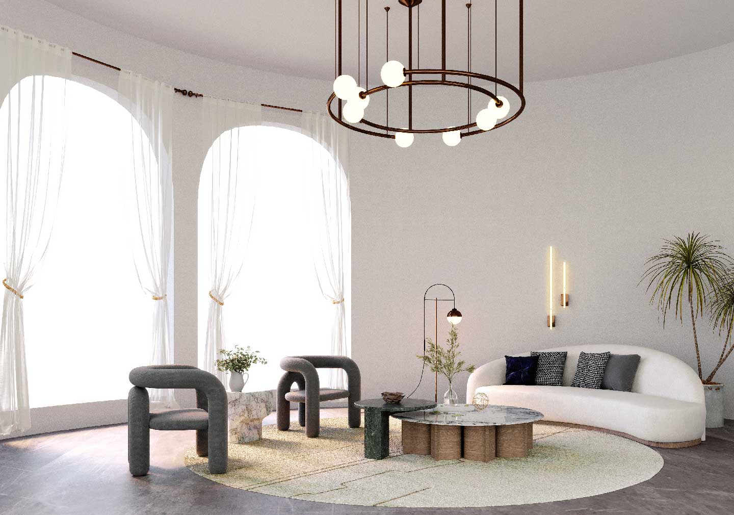 white walls with stylish chairs with white rounded sofa with coffee table interior designs