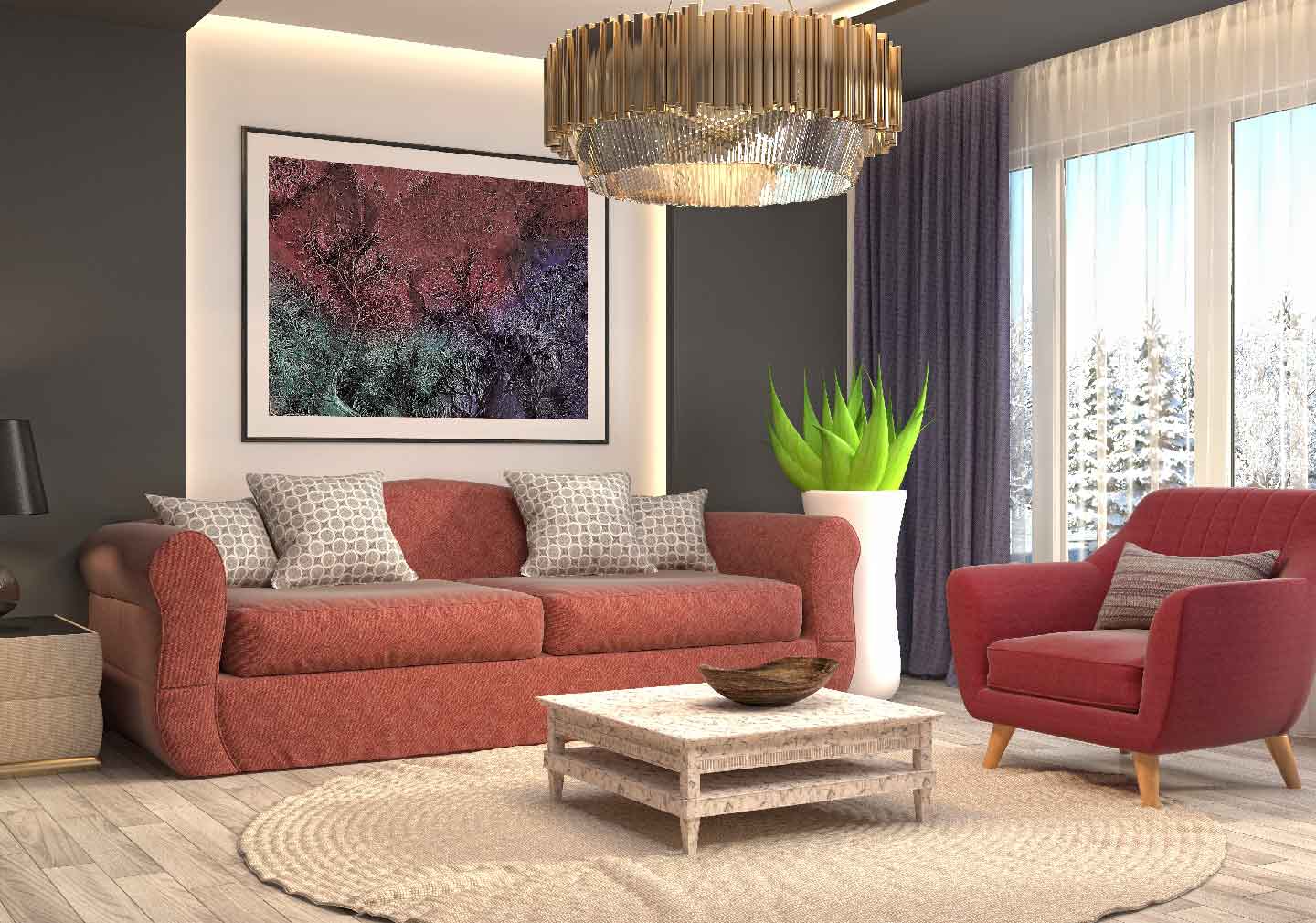 red sofa with painting behind along with coffee table - living room interior designs