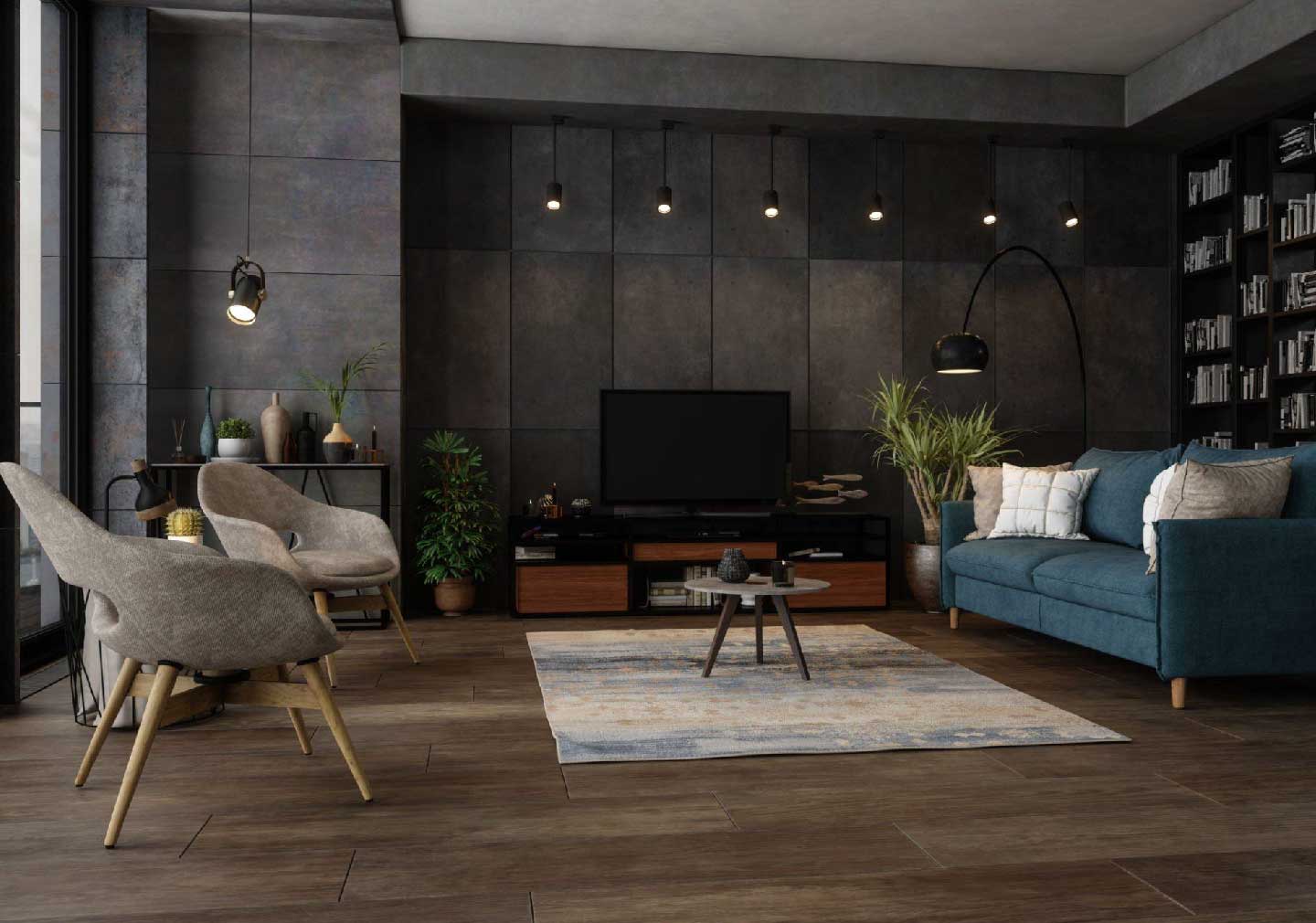 dark theme living room interiors with single and double sitting sofa