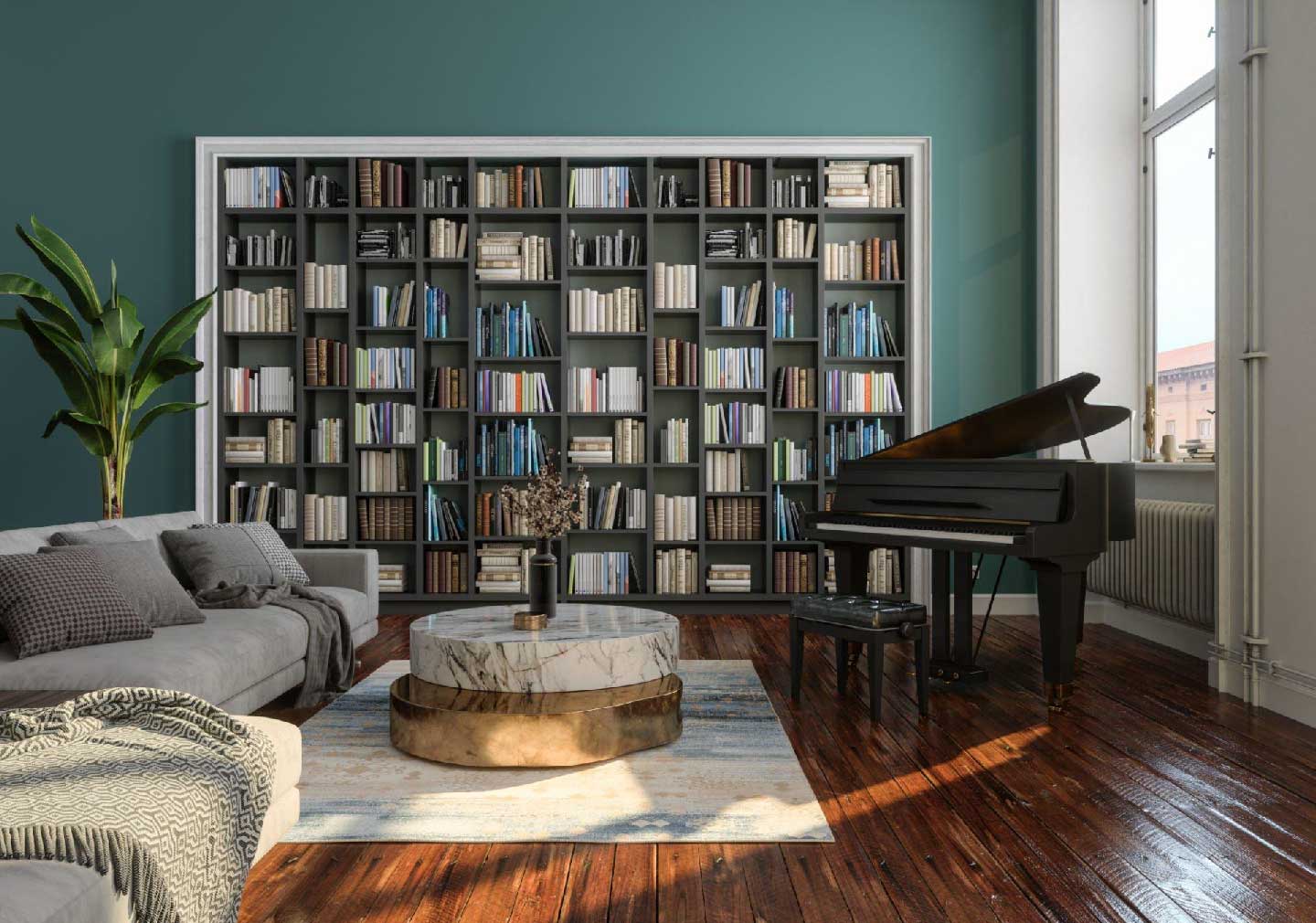 living room space ideas with sofa, piano, and a library shelf with a coffee table