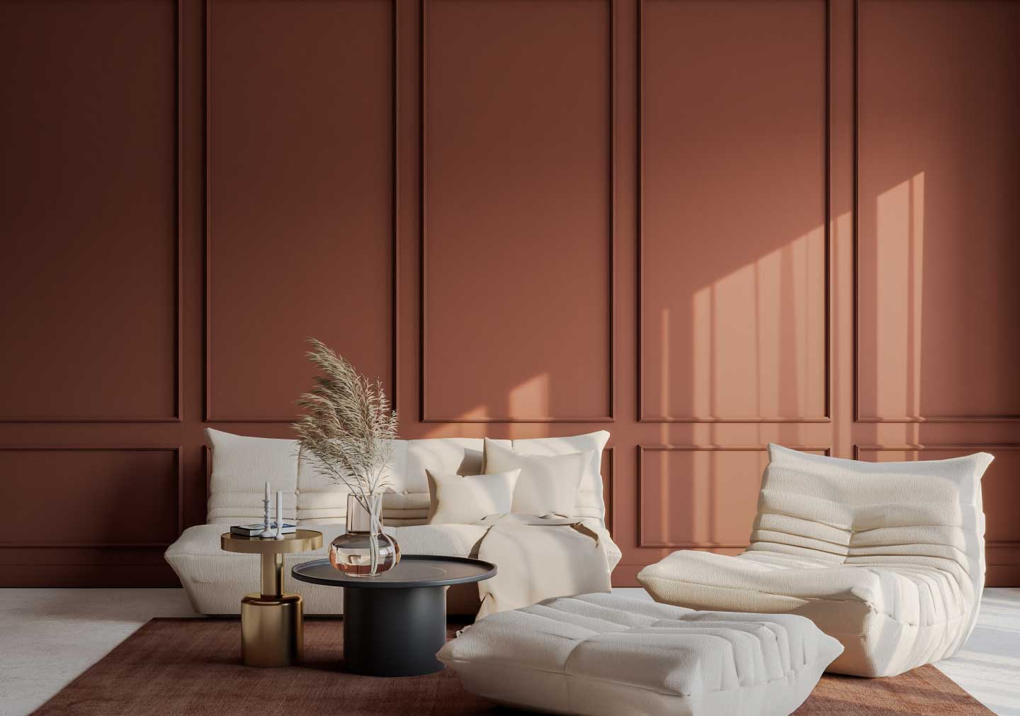 brown wall with white sofa along with coffee table