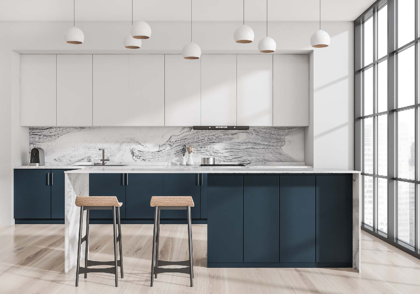 white color kitchen interior design with blue cabinets