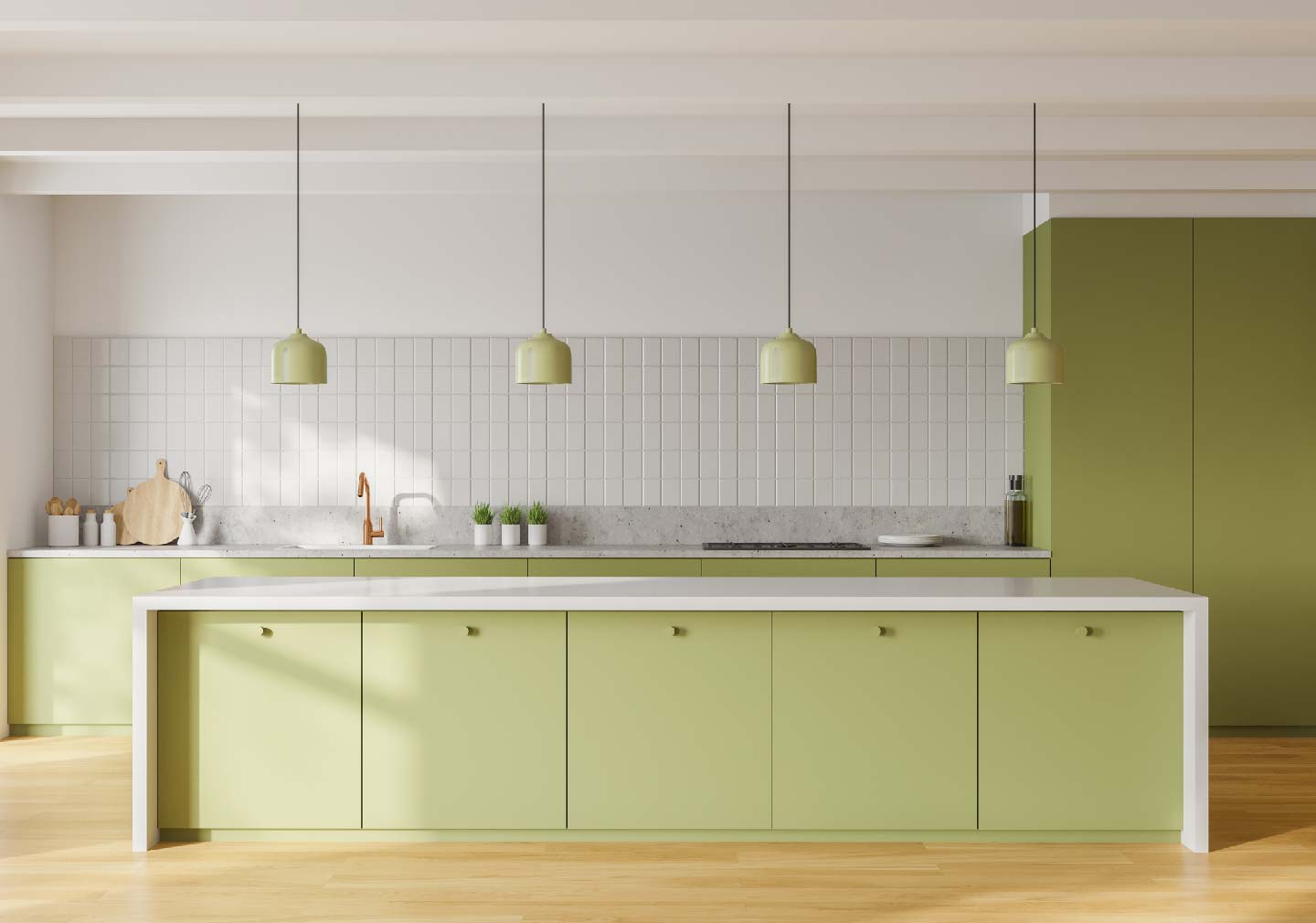  light green cabinets kitchen interior design with white wall