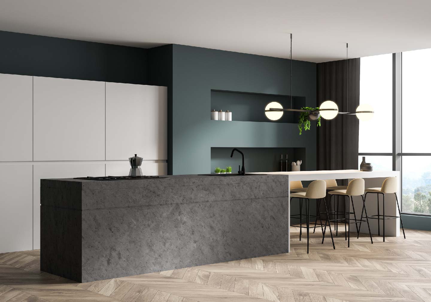 dark theme kitchen interior design with dining area