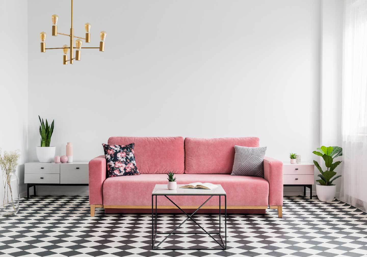living room interior Designs - pink sofa with chessboard floor