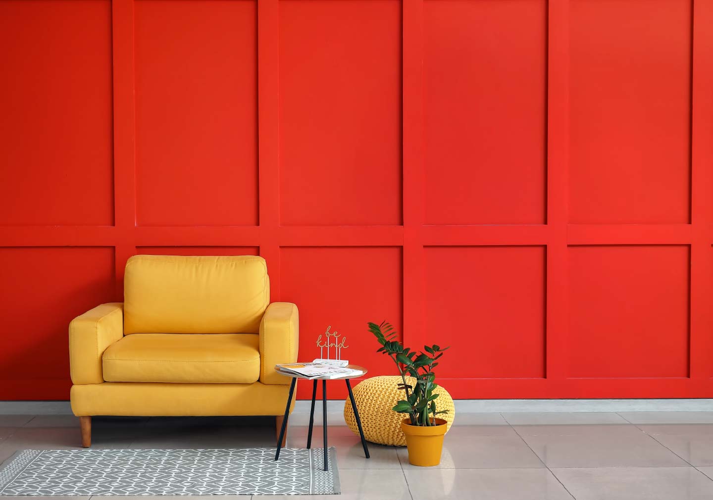 Interior Design Checklist - Orange color background with yellow sofa