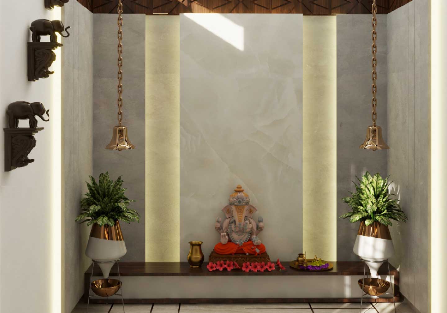 Incorporating Nature: Plants and Water Features for pooja room interior designs