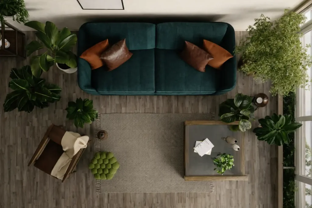 Top view of modern living room with teal sofa