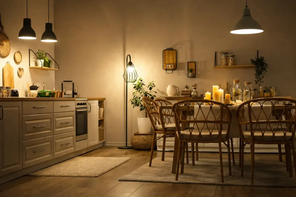 Modern kitchen and dining area with warm lighting, modular cabinets, and wooden dining table