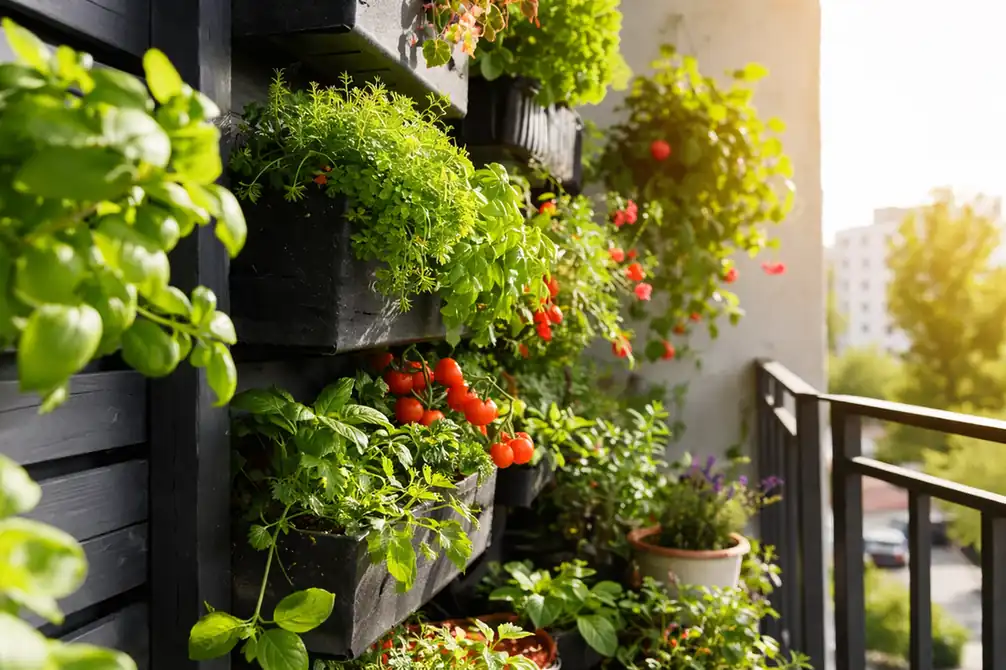 Urban balcony vertical garden with wall-mounted planters growing herbs, cherry tomatoes, and greenery in sunlight