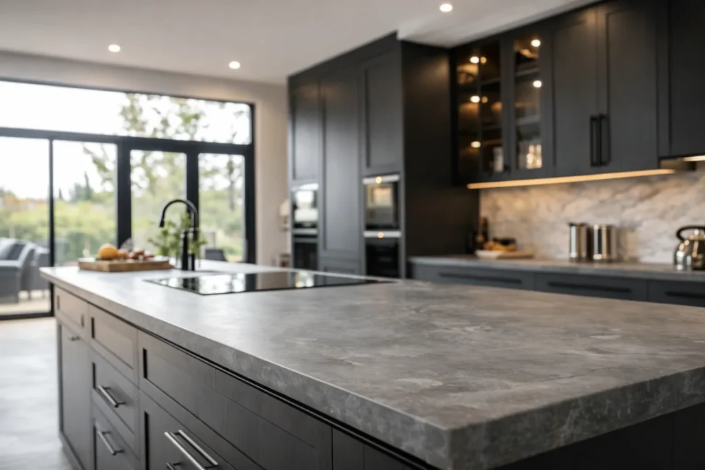 Modern kitchen island with grey stone countertop and dark cabinetry in a bright interior