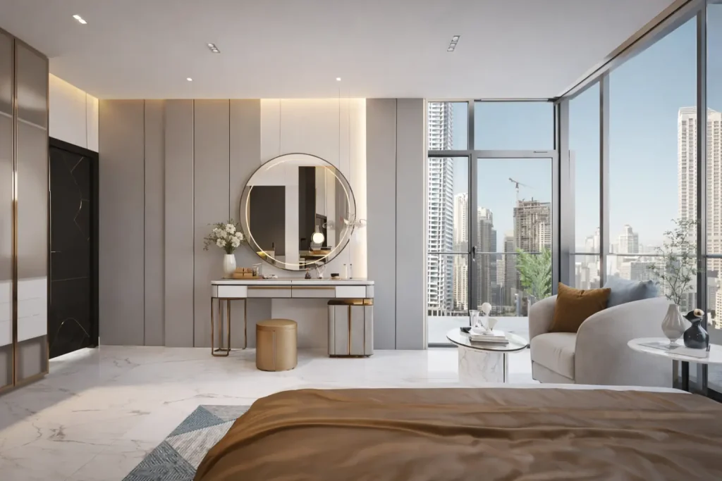 Complete 3 BHK house interior design showing coordinated living room, kitchen and bedroom spaces with modern apartment layout