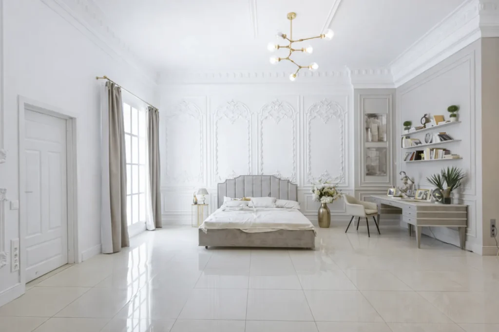 modern bedroom interior with tile flooring and minimal luxury design