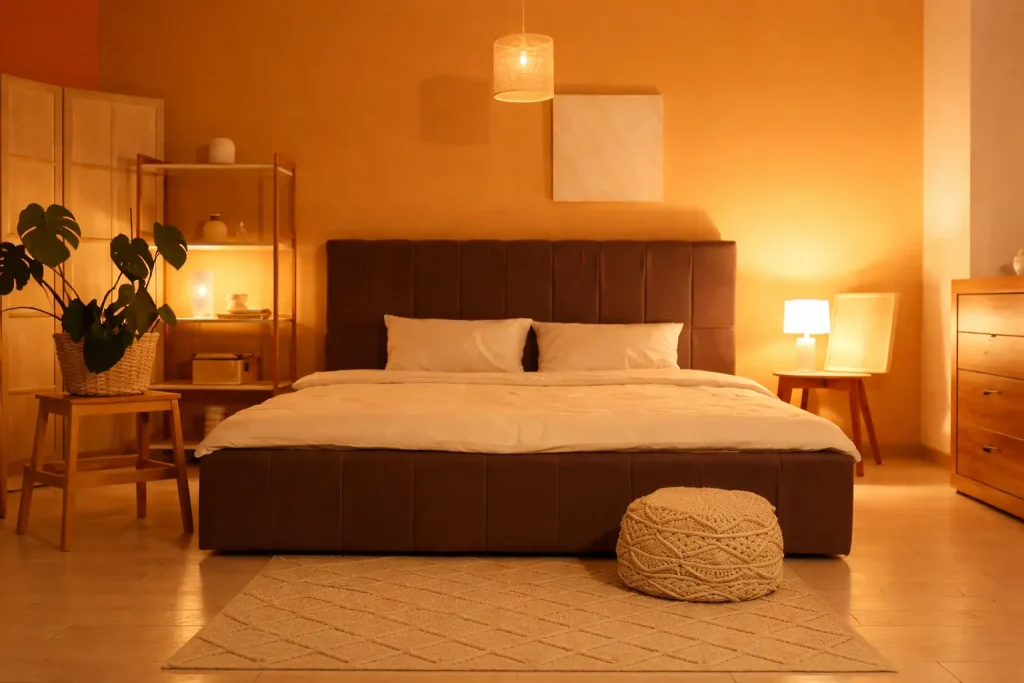 Modern bedroom with warm orange lighting, upholstered bed, wooden furniture, plants, and decorative shelving