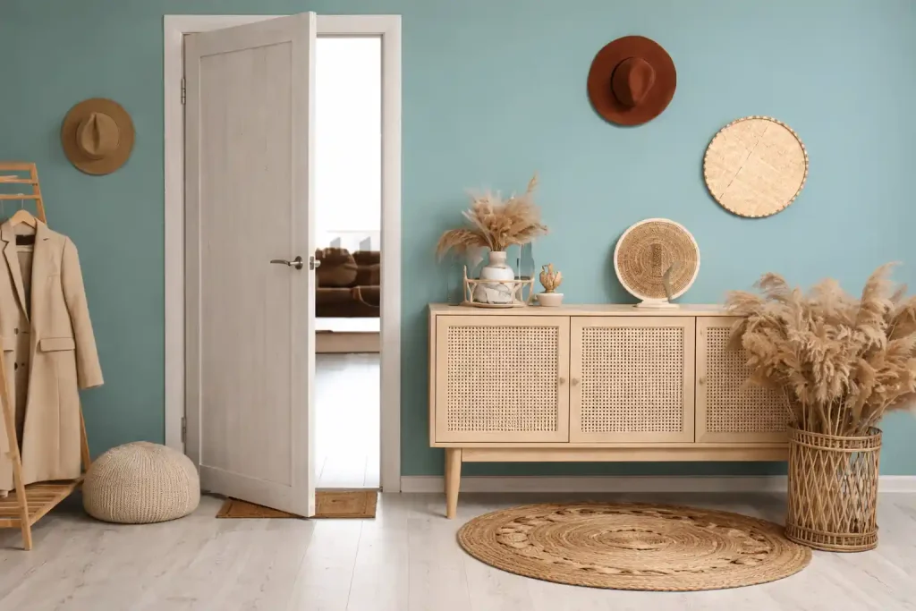 warm modern bedroom with wooden furniture soft lighting and neutral decor