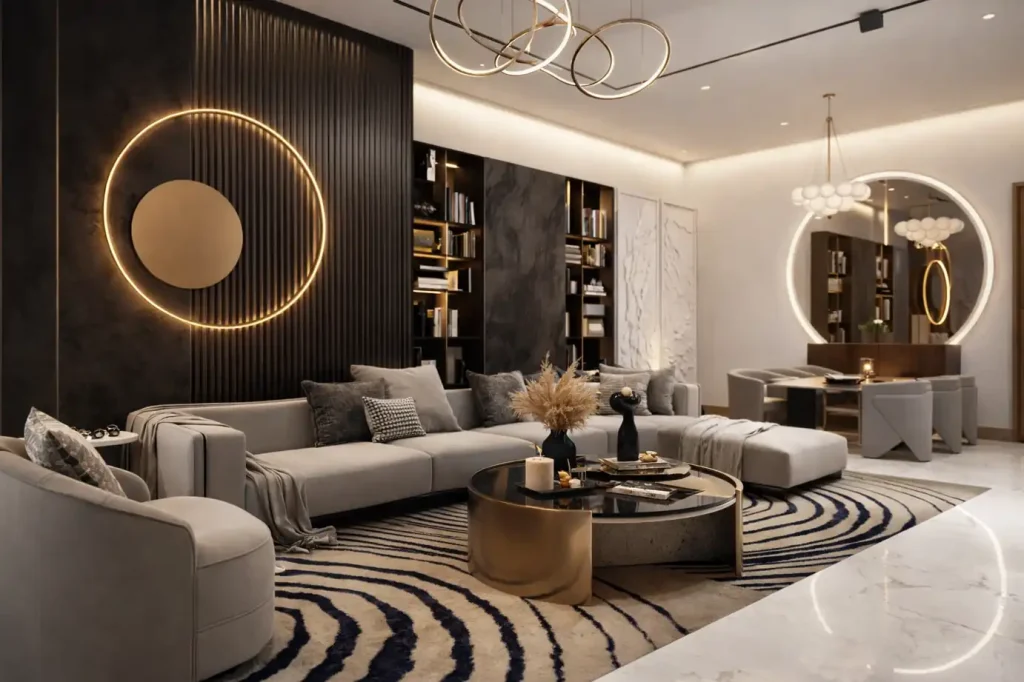 Compact modular kitchen design for 3 BHK apartment with optimized workflow triangle, quartz countertop, built-in appliances and efficient storage