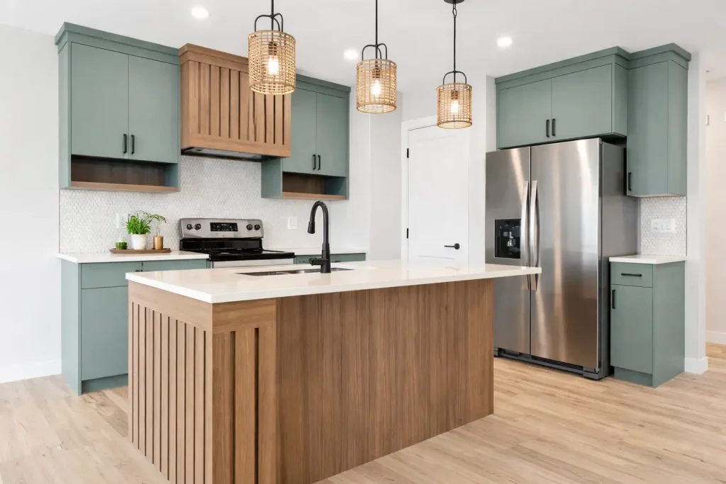 Minimalist Nordic living room with grey sofa, wooden shelves, workspace, and large window lighting