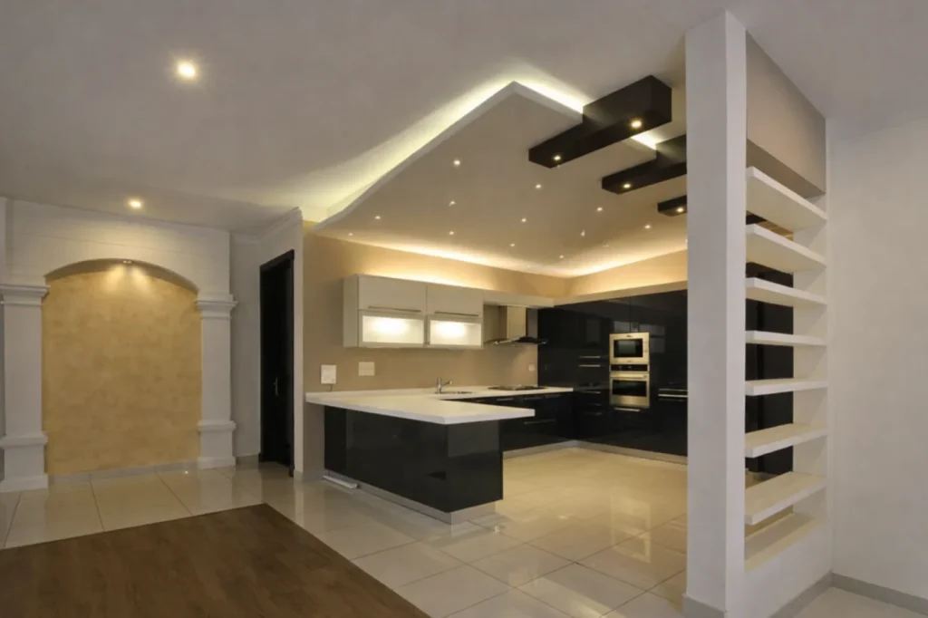 modular kitchen ceiling with moisture resistant boards and recessed task lighting above counters